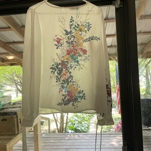 Sheer White Long Sleeve Blouse with Flower Print